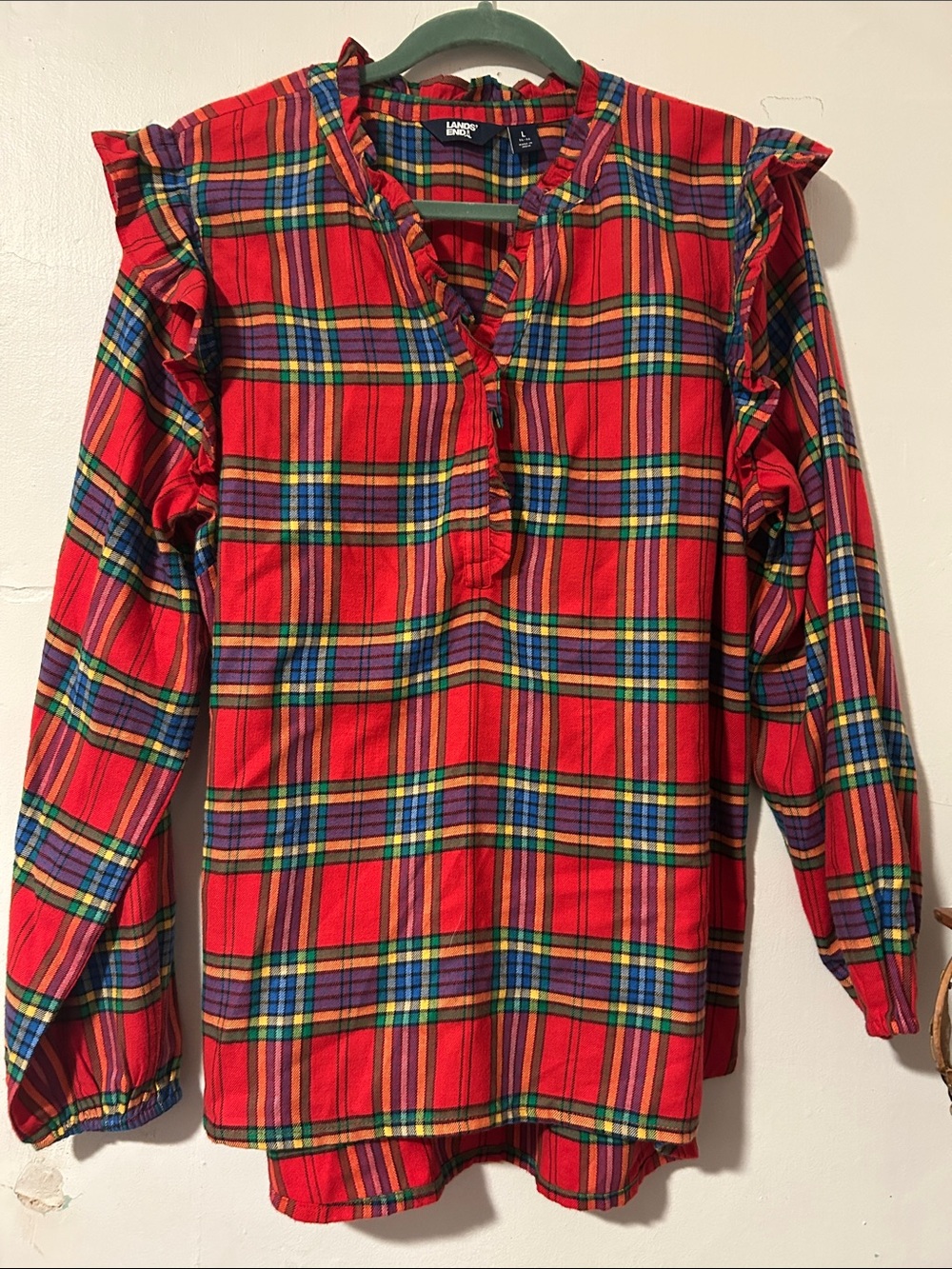 Lands' End Red Plaid Ruffle-Trim Long Sleeve Tunic
